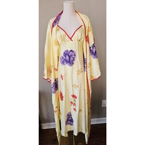 NWT Vintage Victoria's Secret GOLD Floral Long Nightgown & Kimono Robe Set Small